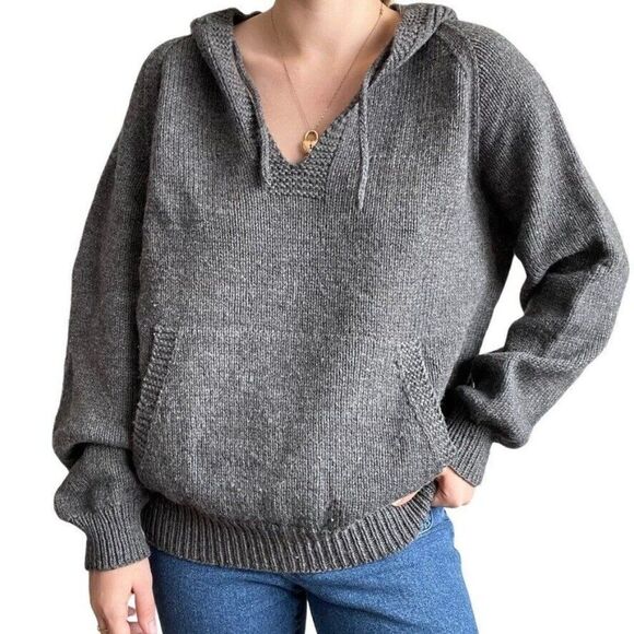 Hand Knit Unisex Grey Hooded Oversized Sweatshirt Hippie Hoodie Sz L - Picture 1 of 8